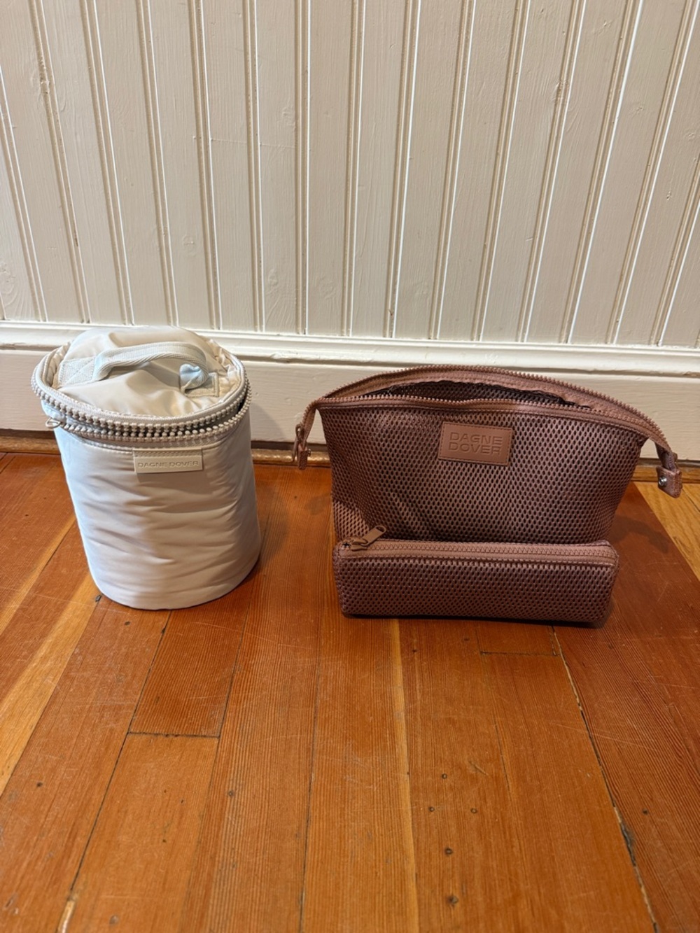 Dagne Dover Mesh Cosmetic Pouch Set in Brown and Cream